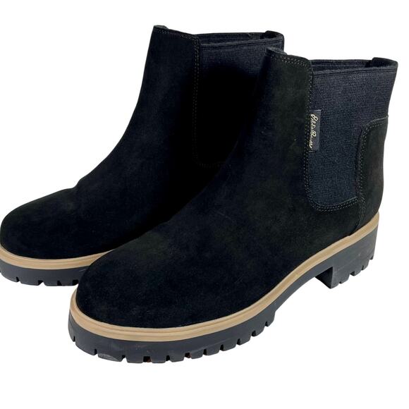 Eddie Bauer Bellingham Chelsea Boot Black Suede Waterproof Tan Lug Sole Women 10 - Picture 1 of 11
